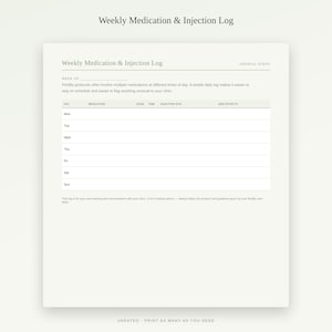 May include: A Weekly Medication & Injection Log printable template on a cream background. The form includes fields for day, medication, dose, time, injection site, and side effects, with the text Hopeful Steps and instructions for tracking fertility protocols.