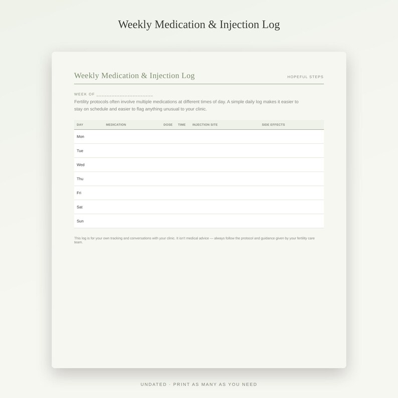 May include: A Weekly Medication & Injection Log printable template on a cream background. The form includes fields for day, medication, dose, time, injection site, and side effects, with the text Hopeful Steps and instructions for tracking fertility protocols.