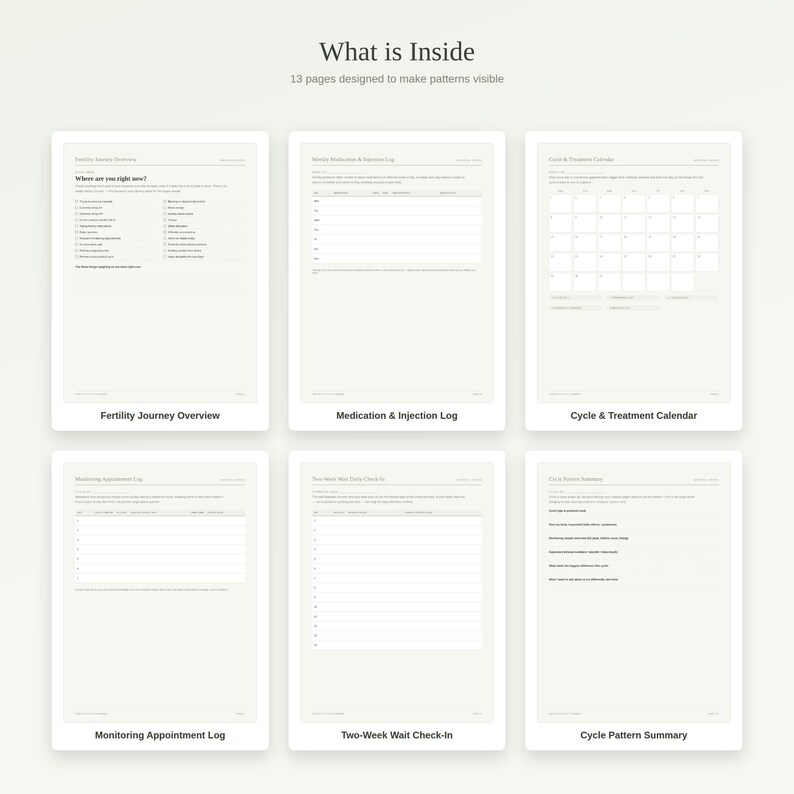 May include: A digital planner set featuring 13 pages with the text What is Inside and 13 pages designed to make patterns visible. The layout includes sections for Fertility Journey Overview, Medication & Injection Log, Cycle & Treatment Calendar, Monitoring Appointment Log, Two-Week Wait Check-In, and Cycle Pattern Summary.