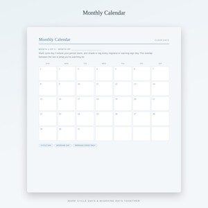 Op de afbeelding: Een wit maandkalender-trackerblad met donkerblauwe tekst. De koptekst luidt Monthly Calendar en Clear Days. Het bevat een raster voor 31 dagen, instructies voor het markeren van cyclus- en migrainedagen, en labels voor Cycle Day, Migraine Day en Warning Signs Only.
