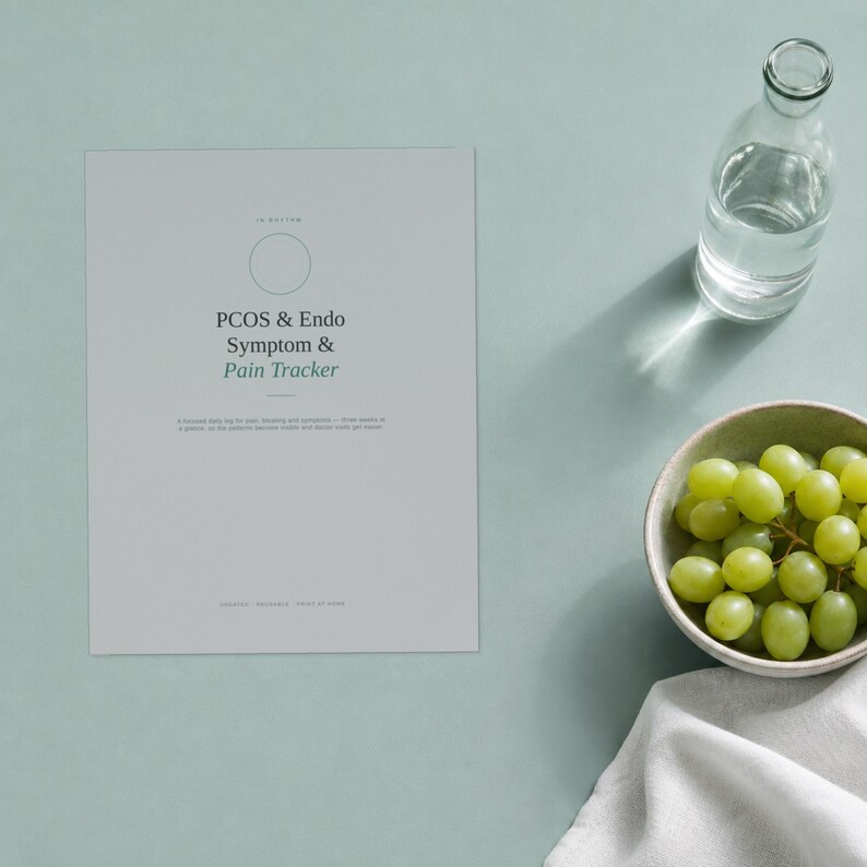 May include: A light grey rectangular symptom tracker document with the text PCOS & Endo Symptom & Pain Tracker printed in black and green. The document is positioned next to a clear glass water bottle and a small bowl filled with green grapes.