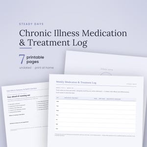 May include: A set of seven printable pages titled Steady Days Chronic Illness Medication & Treatment Log. The documents feature a weekly medication and treatment log table, a side effects summary, and a refill checklist with black text on white.
