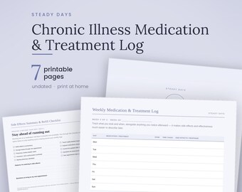 May include: A set of seven printable pages titled Steady Days Chronic Illness Medication & Treatment Log. The documents feature a weekly medication and treatment log table, a side effects summary, and a refill checklist with black text on white.
