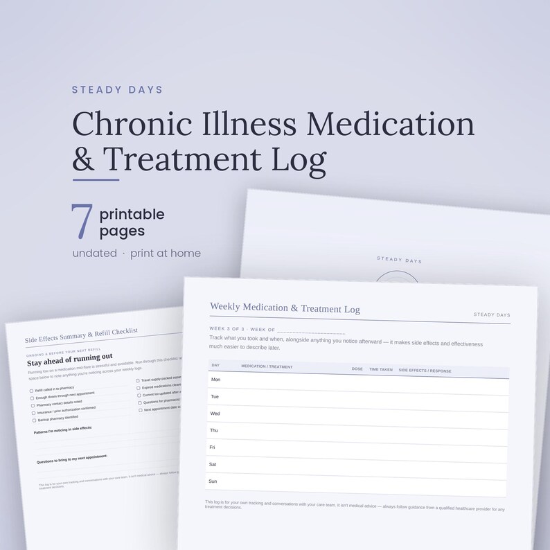 May include: A set of seven printable pages titled Steady Days Chronic Illness Medication & Treatment Log. The documents feature a weekly medication and treatment log table, a side effects summary, and a refill checklist with black text on white.