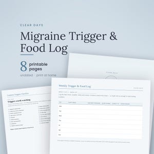 Op de afbeelding: Een printbare Migraine Trigger & Food Log set van 8 pagina's. Het document bevat een checklist voor veelvoorkomende triggers en een wekelijkse logtabel met kolommen voor dag, eten, drinken, weer, druk, slaap en stressniveaus.