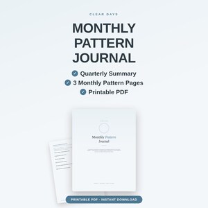Puede incluir: Un diario de patrones mensual digital con un dise&ntilde;o blanco limpio y texto gris oscuro. El documento incluye un resumen trimestral, 3 p&aacute;ginas de patrones mensuales y es un PDF imprimible. La portada muestra el t&iacute;tulo Monthly Pattern Journal.