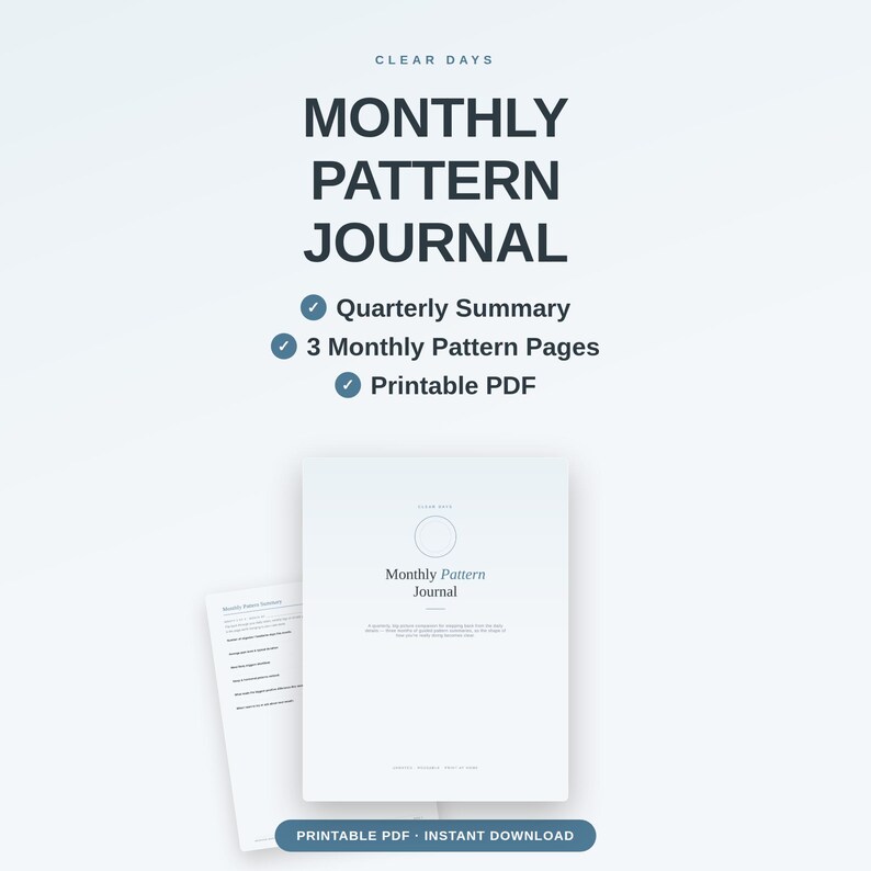 Puede incluir: Un diario de patrones mensual digital con un dise&ntilde;o blanco limpio y texto gris oscuro. El documento incluye un resumen trimestral, 3 p&aacute;ginas de patrones mensuales y es un PDF imprimible. La portada muestra el t&iacute;tulo Monthly Pattern Journal.
