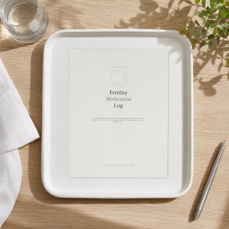 Op de afbeelding: Een wit rechthoekig dienblad met een geprint document getiteld Fertility Medication Log. Het papier bevat een cirkelvormig icoon, beschrijvende tekst en de voettekst Hopeful Steps, Reusable, Print at Home op een lichte achtergrond.