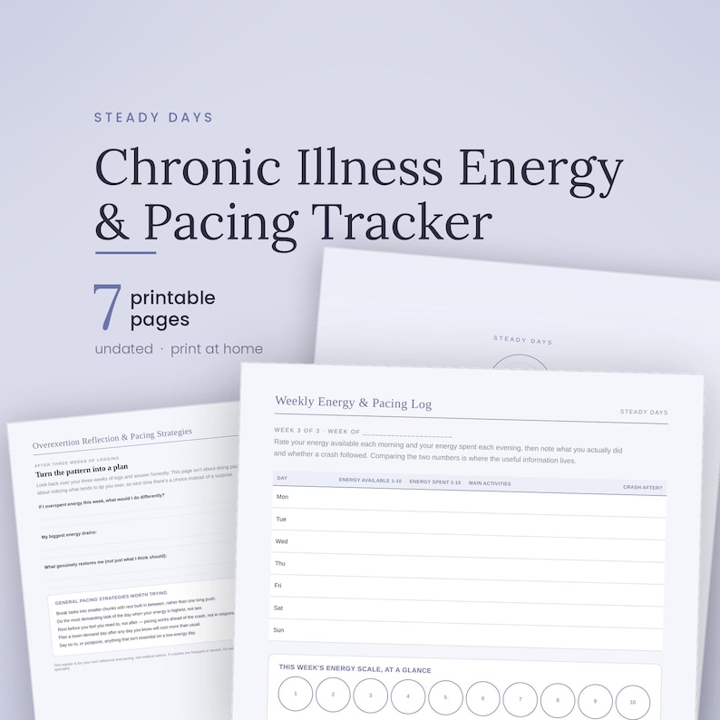 Op de afbeelding: Een set van zeven printbare pagina's getiteld Steady Days Chronic Illness Energy & Pacing Tracker. De documenten bevatten een wekelijks energie- en pacinglogboek met kolommen voor dagelijkse activiteiten en een pagina voor reflectie op overbelasting.
