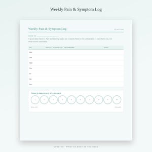 May include: A Weekly Pain & Symptom Log printable sheet with a light background and dark green text. It features a table for tracking daily symptoms, pain, and bloating levels from 1 to 10, plus a section for notes and a pain scale visual guide.