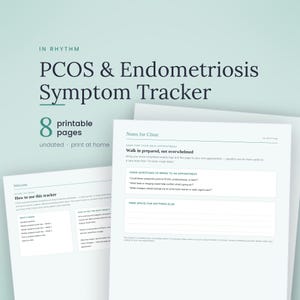 May include: A printable PCOS and Endometriosis Symptom Tracker with 8 pages. The document features sections titled Welcome, How to use this tracker, and Notes for Clinic, including prompts for medical appointments in dark blue text on white paper.