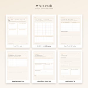 May include: A set of 10 printable, undated pages titled What's Inside, featuring various tracking templates. The pages include sections labelled How I Work Best, Month 1 Grid & Daily Log, Days That Felt Hardest, How My Medication Felt, Three Months Side by Side, and What Surprised Me, all presented in a clean, neutral layout with organised grids and lined writing areas.