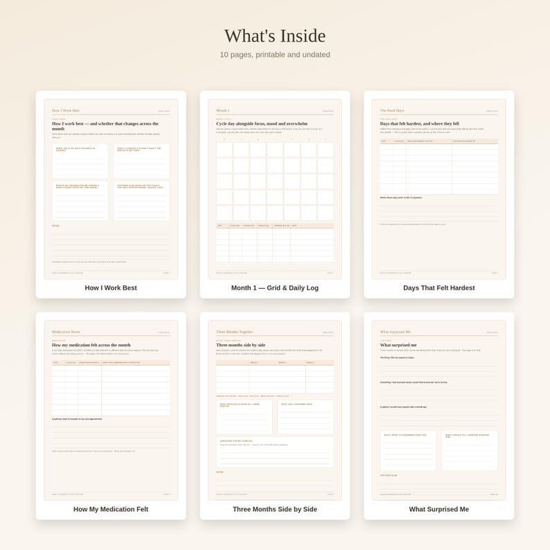 May include: A set of 10 printable, undated pages titled What's Inside, featuring various tracking templates. The pages include sections labelled How I Work Best, Month 1 Grid & Daily Log, Days That Felt Hardest, How My Medication Felt, Three Months Side by Side, and What Surprised Me, all presented in a clean, neutral layout with organised grids and lined writing areas.