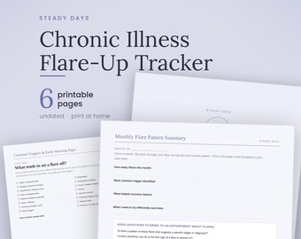 May include: A set of six printable pages titled Steady Days Chronic Illness Flare-Up Tracker. The documents include sections for Common Triggers and Early Warning Signs, a Monthly Flare Pattern Summary, and questions for medical appointments.