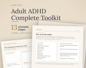 Kit completo para adultos com TDAH (imprimível), planejador de funções executivas, pacote para TDAH, registro de tempo de foco e medicação.