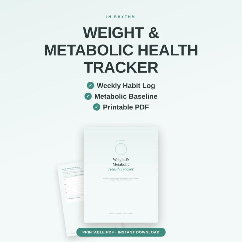 K&ouml;nnte beinhalten: Ein digitales Dokument zur Verfolgung von Gewicht und Stoffwechselgesundheit mit dem Text In Rhythm, Weekly Habit Log, Metabolic Baseline und Printable PDF. Das Layout umfasst eine Titelseite und eine Seite mit einer w&ouml;chentlichen Gewichtstabelle.