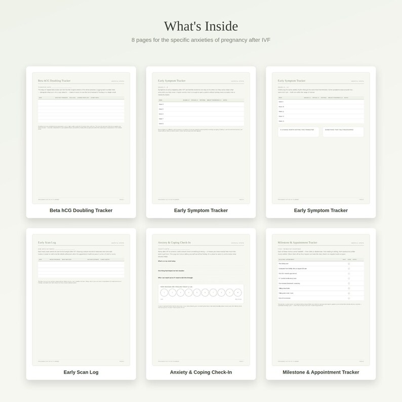 May include: A set of six printable planner pages titled What's Inside, featuring trackers for Beta hCG doubling, early symptoms, early scans, anxiety and coping check-ins, and milestones and appointments for pregnancy after IVF.