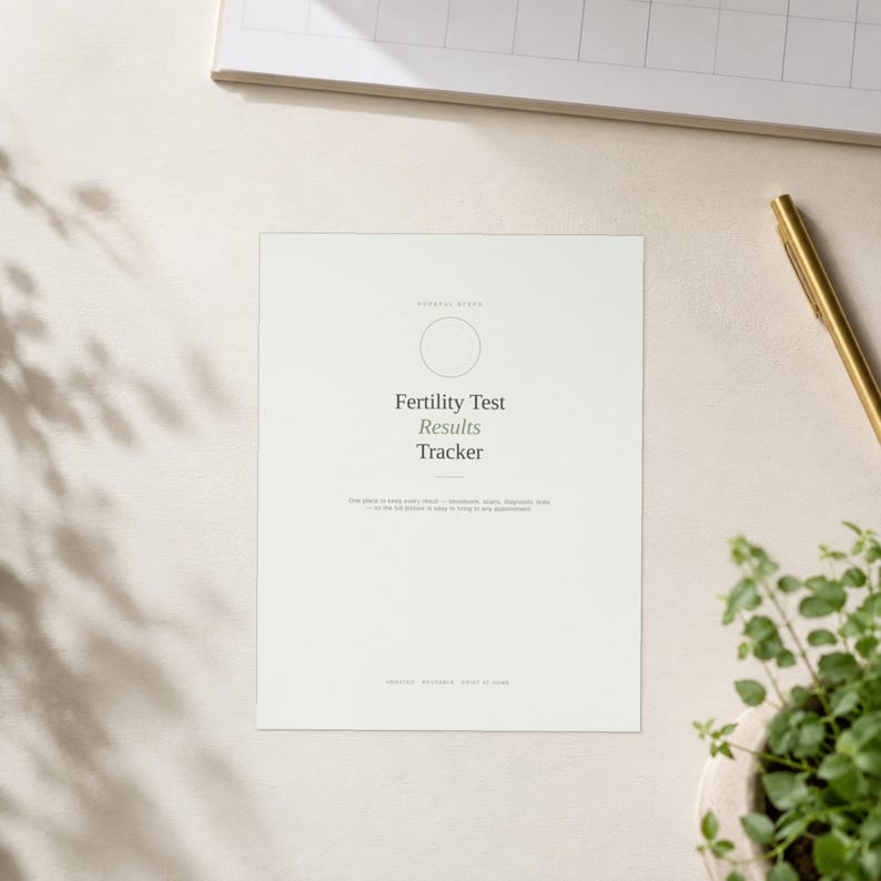 Puede incluir: Un documento de papel blanco titulado Fertility Test Results Tracker con un icono circular en la parte superior. El texto incluye un subt&iacute;tulo y una peque&ntilde;a l&iacute;nea de texto descriptivo debajo del t&iacute;tulo principal, con las palabras Digital, Printable, Print at Home en la parte inferior.