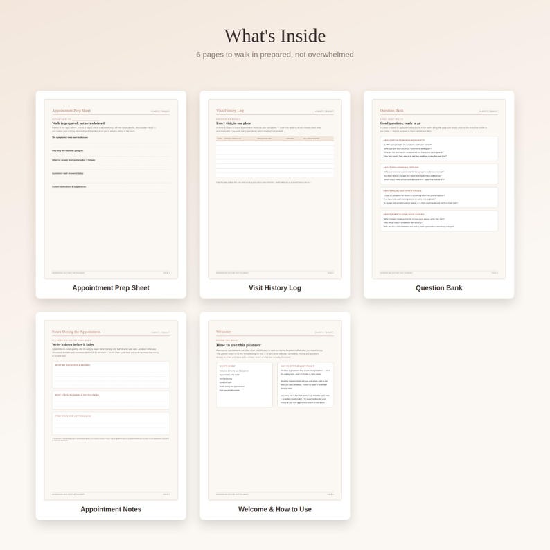 May include: A digital planner set featuring six pages with a beige background and dark text. The pages include an Appointment Prep Sheet, Visit History Log, Question Bank, Appointment Notes, and a Welcome & How to Use guide for medical visits.
