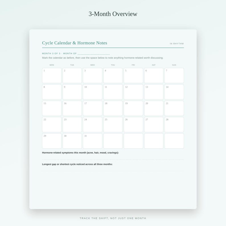 Puede incluir: Una p&aacute;gina de planificador de papel blanco titulada 3-Month Overview, que presenta una secci&oacute;n de Cycle Calendar & Hormone Notes. Incluye una cuadr&iacute;cula mensual en blanco con los d&iacute;as de la semana, espacio para s&iacute;ntomas hormonales como acn&eacute;, cabello, estado de &aacute;nimo y antojos, y una secci&oacute;n para rastrear el ciclo m&aacute;s largo o m&aacute;s corto.