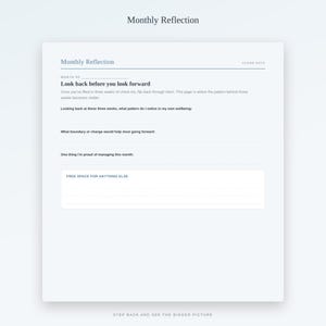 May include: A white Monthly Reflection journal page with dark blue text. It includes prompts like Look back before you look forward, questions about wellbeing, boundaries, and achievements, plus a box labelled Free space for anything else.