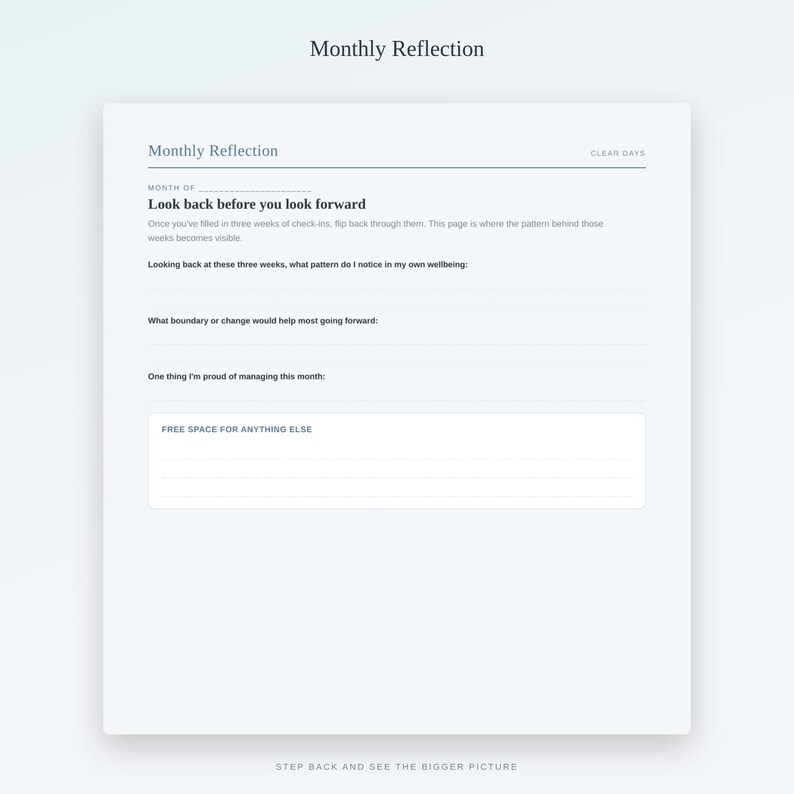 May include: A white Monthly Reflection journal page with dark blue text. It includes prompts like Look back before you look forward, questions about wellbeing, boundaries, and achievements, plus a box labelled Free space for anything else.