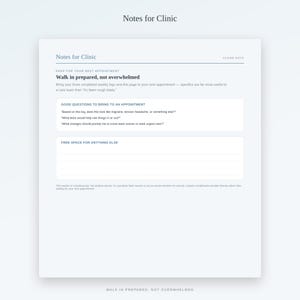 K&ouml;nnte beinhalten: Ein wei&szlig;es Papierformular mit dem Titel Notes for Clinic und dem Untertitel Clear Days. Es enth&auml;lt Abschnitte f&uuml;r Good Questions to Bring to an Appointment und Free Space for Anything Else mit Textvorgaben zur Vorbereitung auf Arzttermine.
