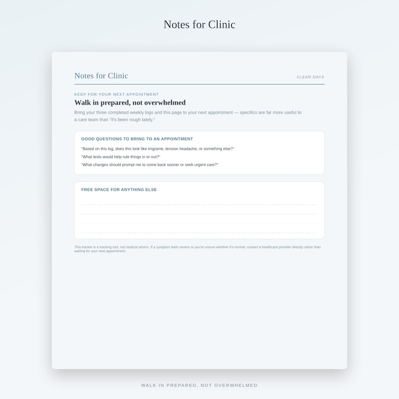 K&ouml;nnte beinhalten: Ein wei&szlig;es Papierformular mit dem Titel Notes for Clinic und dem Untertitel Clear Days. Es enth&auml;lt Abschnitte f&uuml;r Good Questions to Bring to an Appointment und Free Space for Anything Else mit Textvorgaben zur Vorbereitung auf Arzttermine.