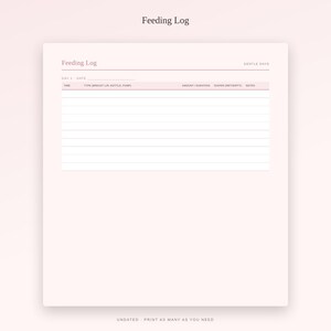K&ouml;nnte beinhalten: Ein hellrosa druckbares F&uuml;tterungsprotokoll mit dem Text Feeding Log und Gentle Days. Das Dokument enth&auml;lt eine Kopfzeile f&uuml;r Tag und Datum, gefolgt von Spalten f&uuml;r Zeit, Typ, Menge, Dauer, Windeln und Notizen mit horizontalen Linien.