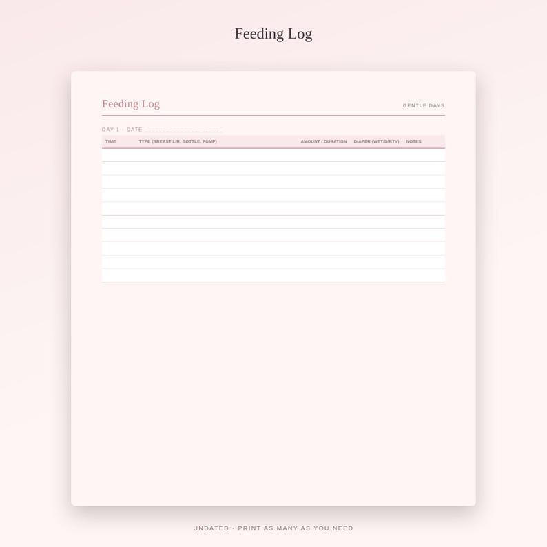 K&ouml;nnte beinhalten: Ein hellrosa druckbares F&uuml;tterungsprotokoll mit dem Text Feeding Log und Gentle Days. Das Dokument enth&auml;lt eine Kopfzeile f&uuml;r Tag und Datum, gefolgt von Spalten f&uuml;r Zeit, Typ, Menge, Dauer, Windeln und Notizen mit horizontalen Linien.