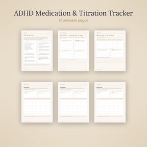 K&ouml;nnte beinhalten: Ein Set aus 10 druckbaren Seiten mit dem Titel ADHD Medication & Titration Tracker. Die Seiten verf&uuml;gen &uuml;ber strukturierte Layouts mit &Uuml;berschriften, Textfeldern und Tabellen zur Erfassung von Medikamentendetails, Dosierungen und t&auml;glichen Notizen.