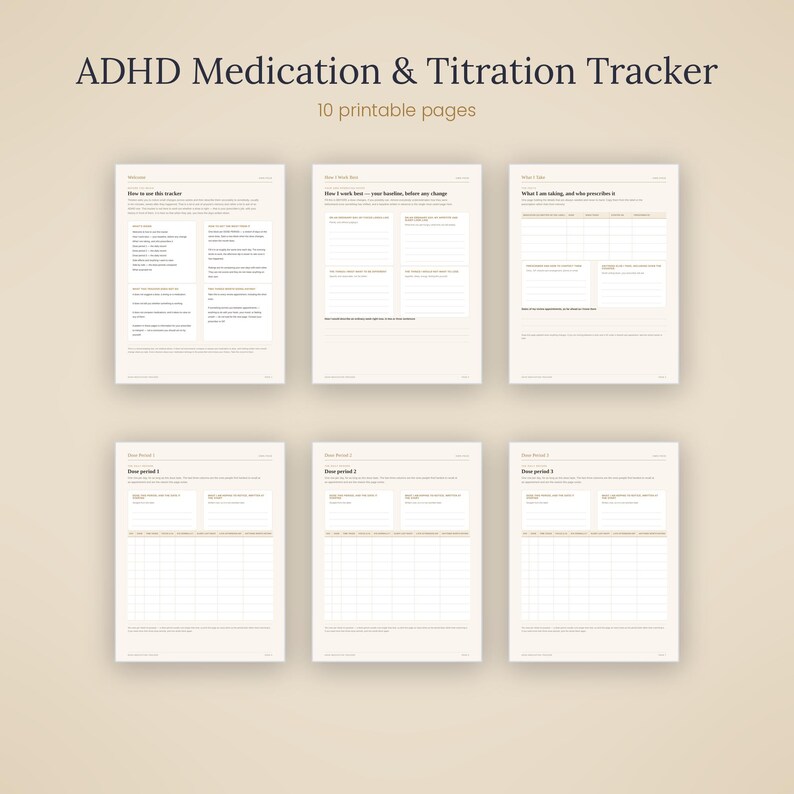 K&ouml;nnte beinhalten: Ein Set aus 10 druckbaren Seiten mit dem Titel ADHD Medication & Titration Tracker. Die Seiten verf&uuml;gen &uuml;ber strukturierte Layouts mit &Uuml;berschriften, Textfeldern und Tabellen zur Erfassung von Medikamentendetails, Dosierungen und t&auml;glichen Notizen.