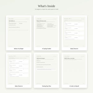 K&ouml;nnte beinhalten: Ein Set aus sechs bedruckten Seiten mit einem Planer-Layout, dem Titel What's Inside und dem Untertitel 10 pages to make the wait easier to hold. Die Seiten enthalten Abschnitte mit den Titeln Before You Begin, A Coping Toolkit, Daily Check-In, Testing Day Plan und A Letter to Myself.