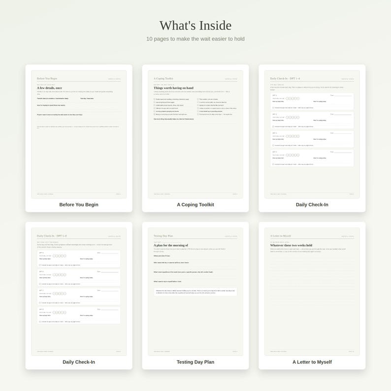 K&ouml;nnte beinhalten: Ein Set aus sechs bedruckten Seiten mit einem Planer-Layout, dem Titel What's Inside und dem Untertitel 10 pages to make the wait easier to hold. Die Seiten enthalten Abschnitte mit den Titeln Before You Begin, A Coping Toolkit, Daily Check-In, Testing Day Plan und A Letter to Myself.