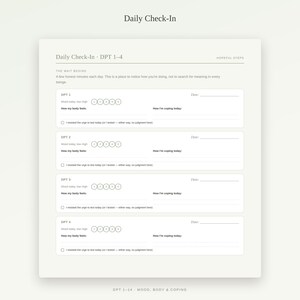 K&ouml;nnte beinhalten: Eine Daily Check-In Planerseite mit cremefarbenem Hintergrund und dunkelgrauem Text. Sie enth&auml;lt Abschnitte f&uuml;r DPT 1-4, einschlie&szlig;lich Feldern f&uuml;r Datum, Stimmungsskala von 1 bis 5, K&ouml;rperempfindungen, Bew&auml;ltigungsstrategien und ein Kontrollk&auml;stchen.