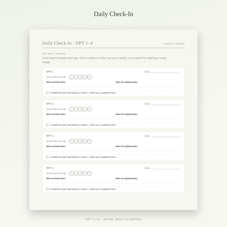 K&ouml;nnte beinhalten: Eine Daily Check-In Planerseite mit cremefarbenem Hintergrund und dunkelgrauem Text. Sie enth&auml;lt Abschnitte f&uuml;r DPT 1-4, einschlie&szlig;lich Feldern f&uuml;r Datum, Stimmungsskala von 1 bis 5, K&ouml;rperempfindungen, Bew&auml;ltigungsstrategien und ein Kontrollk&auml;stchen.