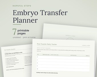 Puede incluir: Un planificador de transferencia de embriones imprimible de 7 páginas, con una lista de verificación previa a la transferencia y un rastreador diario posterior. Incluye secciones para medicamentos, actividades, síntomas y estado de ánimo.
