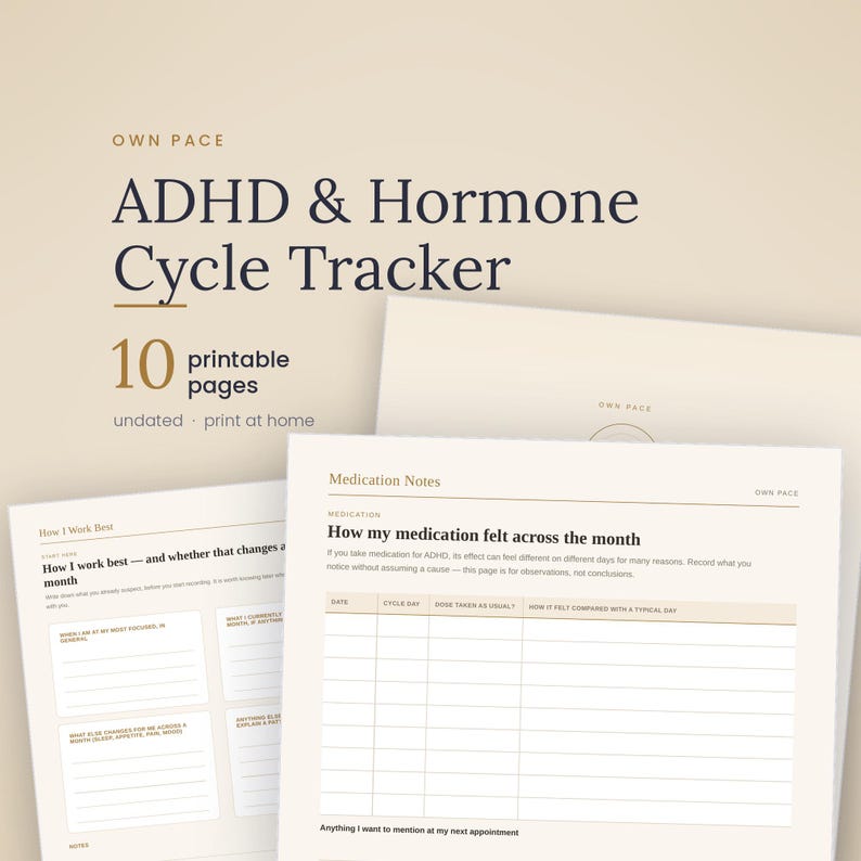 May include: A printable ADHD and Hormone Cycle Tracker set featuring 10 undated pages. The document includes sections titled Medication Notes, How my medication felt across the month, and How I work best, with tables for tracking cycle days and observations.