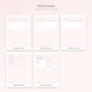 K&ouml;nnte beinhalten: Ein Set aus f&uuml;nf digitalen Dokumentenseiten mit hellrosa Hintergrund. Der Text enth&auml;lt What's Inside, 6 pages for real numbers, not guesswork, Feeding Log f&uuml;r die Tage 1, 2 und 3, Weekly Pattern Notes sowie eine Welcome & How to Use Seite.