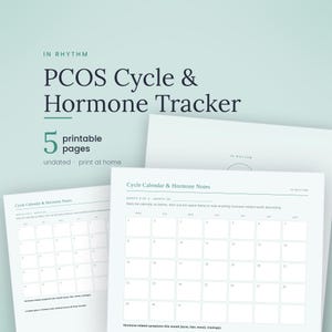 Puede incluir: Un conjunto de cinco p&aacute;ginas imprimibles de seguimiento del ciclo y hormonas PCOS. El documento incluye un calendario mensual con secciones para notas hormonales y seguimiento de s&iacute;ntomas como acn&eacute;, cabello, estado de &aacute;nimo y antojos.