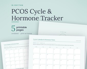 Könnte beinhalten: Ein druckbares PCOS-Zyklus- und Hormon-Tracker-Set mit fünf Seiten. Das Dokument enthält einen monatlichen Zykluskalender mit Abschnitten für Hormonnotizen und die Verfolgung von Symptomen wie Akne, Haar, Stimmung und Heißhunger auf weißem Grund.