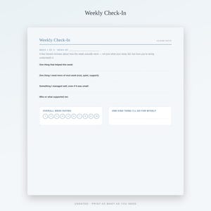 May include: A white Weekly Check-In planner page featuring sections for weekly reflections, including prompts for what helped, needs for next week, accomplishments, support systems, an overall week rating scale from 1 to 10, and a self-care goal.
