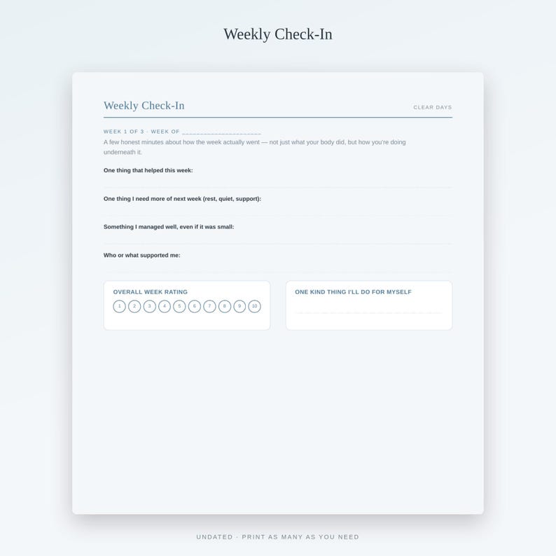 May include: A white Weekly Check-In planner page featuring sections for weekly reflections, including prompts for what helped, needs for next week, accomplishments, support systems, an overall week rating scale from 1 to 10, and a self-care goal.