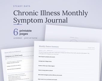 May include: A set of six printable pages titled Steady Days Chronic Illness Monthly Symptom Journal. The pages feature sections for Monthly Pattern Summary and Quarter Reflection & Resources with lines for tracking symptoms, pain, and fatigue levels.