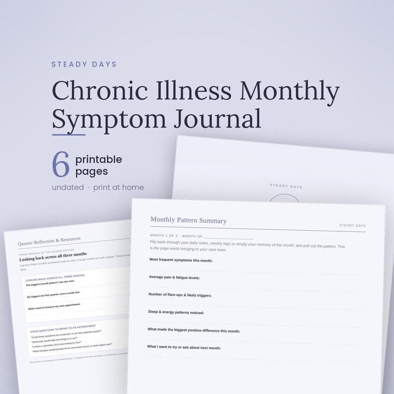 May include: A set of six printable pages titled Steady Days Chronic Illness Monthly Symptom Journal. The pages feature sections for Monthly Pattern Summary and Quarter Reflection & Resources with lines for tracking symptoms, pain, and fatigue levels.