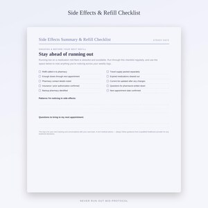 May include: A white paper document titled Side Effects & Refill Checklist with the subtitle Stay ahead of running out. It features two columns of checkboxes for medication management, sections for side effect patterns, and appointment questions.