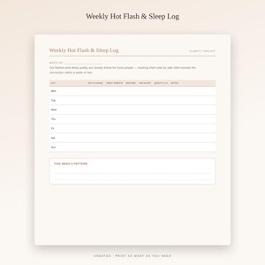 May include: A Weekly Hot Flash & Sleep Log tracking sheet with a light beige background. The form includes columns for day, hot flashes, night sweats, bedtime, hours slept, quality, and notes, plus a section for this week's pattern.