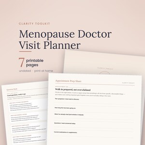 May include: A printable Menopause Doctor Visit Planner toolkit with 7 pages. The document features an Appointment Prep Sheet with sections for symptoms, duration, treatments, and questions, plus a Question Bank page with medical inquiries.