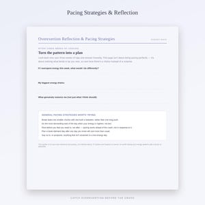 Op de afbeelding: Een wit werkblad getiteld Pacing Strategies & Reflection met secties voor reflectie op overbelasting, het plannen van patronen en algemene pacing-strategie&euml;n met prompts om energievreters en herstelmethoden in kaart te brengen.