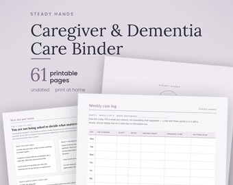 Pasta para cuidadores com 61 páginas (para imprimir), planejador de cuidados para demência, organizador de cuidados para idosos, diário do cuidador, registro de medicamentos e consultas.